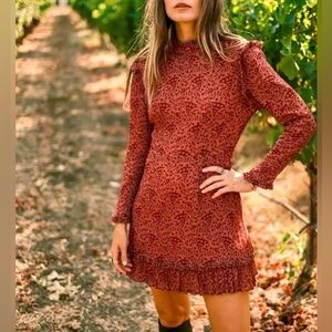 Cleobella Dixie Mini Dress Kerala Block Print long sleeve ruffle bow mock neck